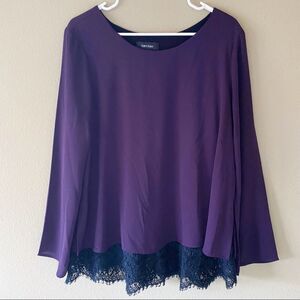 Karen Kane Layered Eggplant Purple Long Sleeve Blouse Black Lace Trim